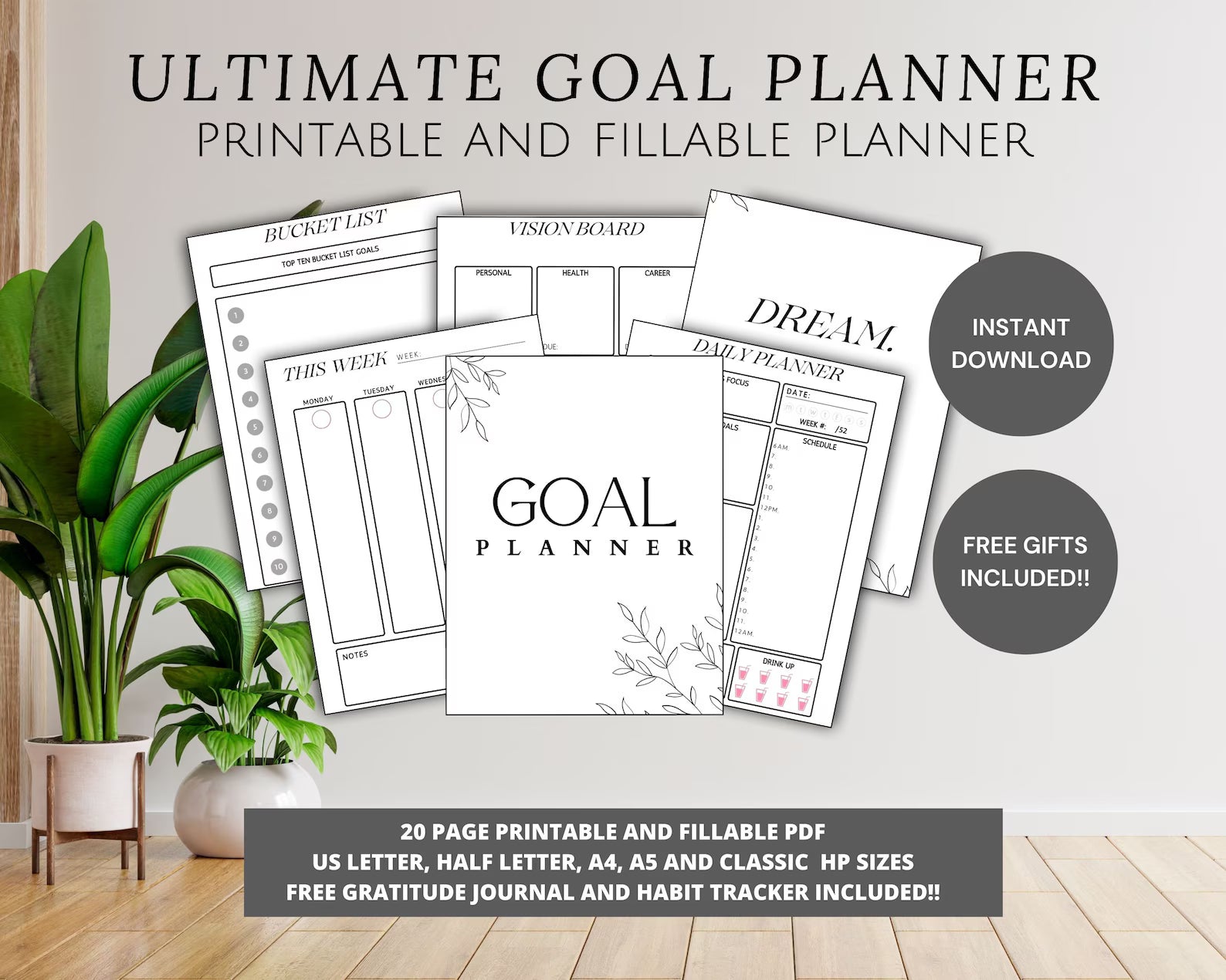 Printable Fillable Goal Planner Bundle, Daily Weekly Monthly Yearly Goals Tracker, Editable Printables PDF, Journal Habit & Vision Board