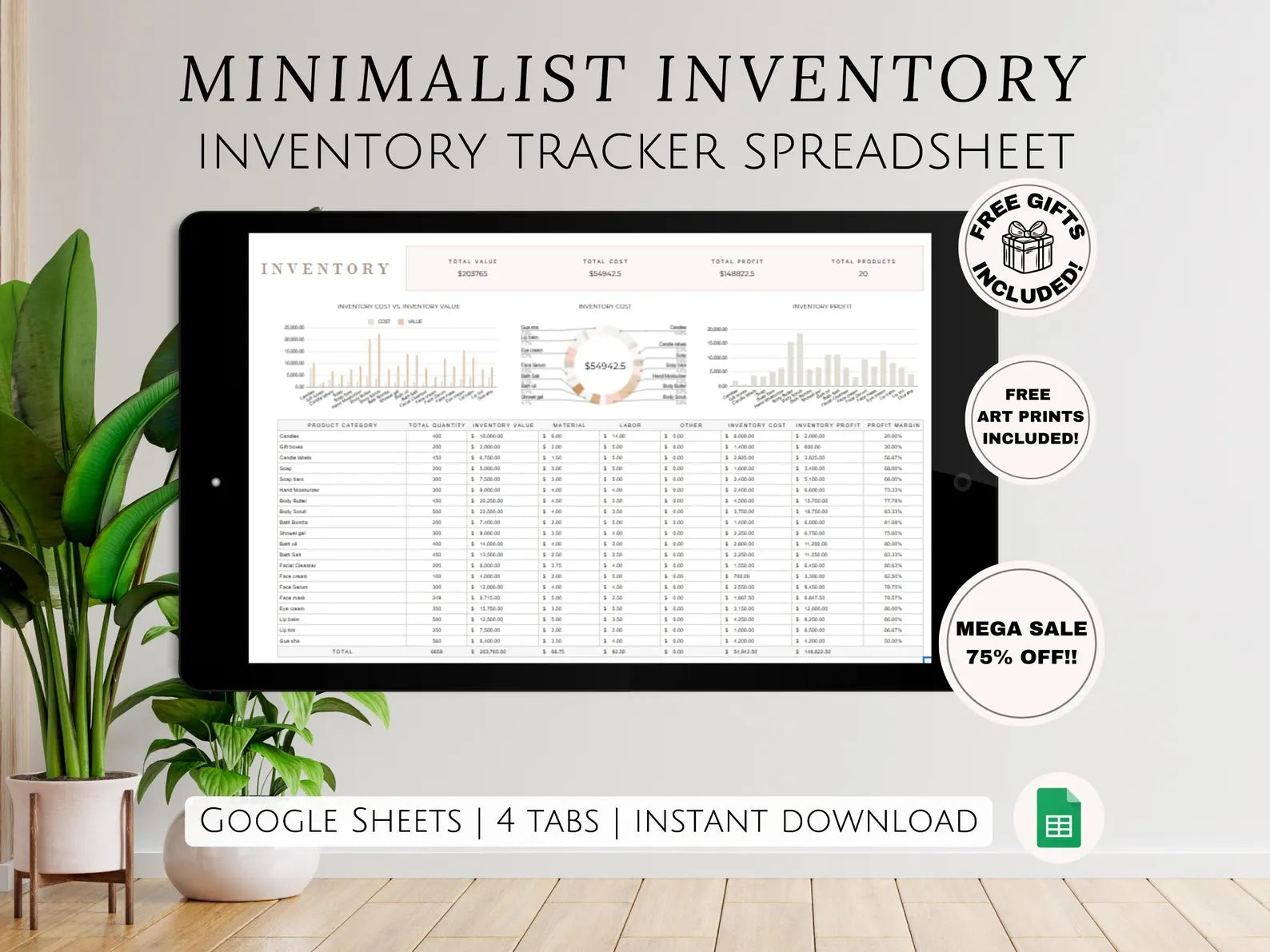 Simple Google Sheets Inventory Management Template Spreadsheet for Product Handmade Boutique Shop Creator Tracking Sales Dropshipping Vendor
