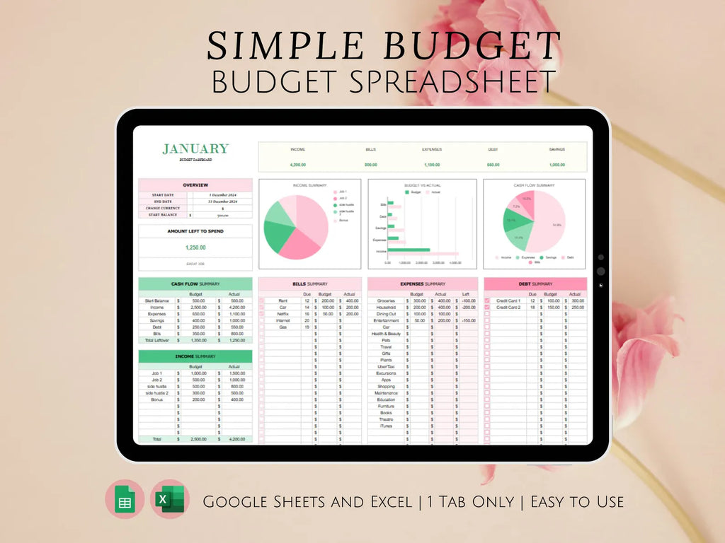 Easy Budgeting Google Sheets and Excel Template, Weekly BiWeekly Budget Summary Personal Finances, Monthly Beginner Income Expense Tracker