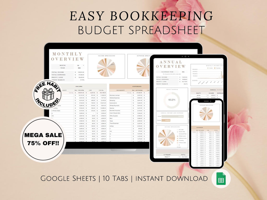 Easy Bookkeeping Google Sheets Budget Spreadsheet Monthly Annual Planner Income Expense Tracker for Entrepreneurs Small Business Owners WFH