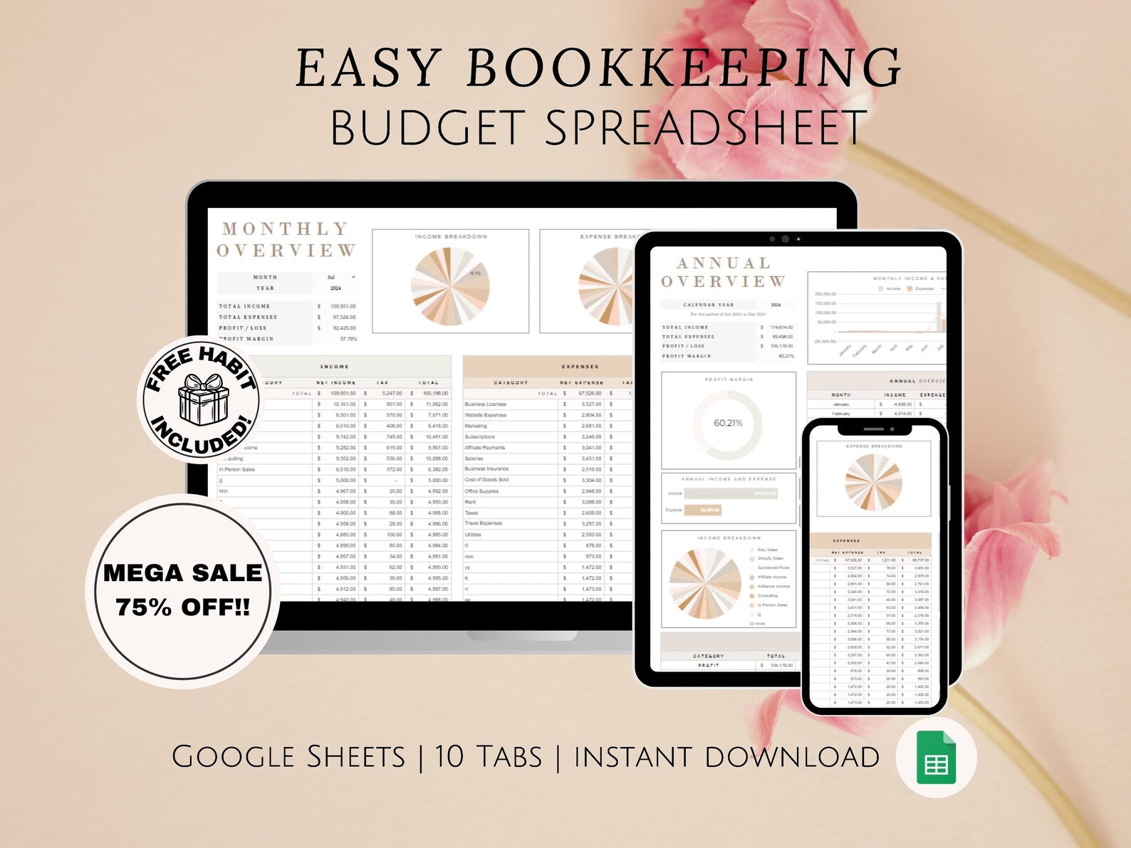 Easy Bookkeeping Google Sheets Budget Spreadsheet Monthly Annual Planner Income Expense Tracker for Entrepreneurs Small Business Owners WFH