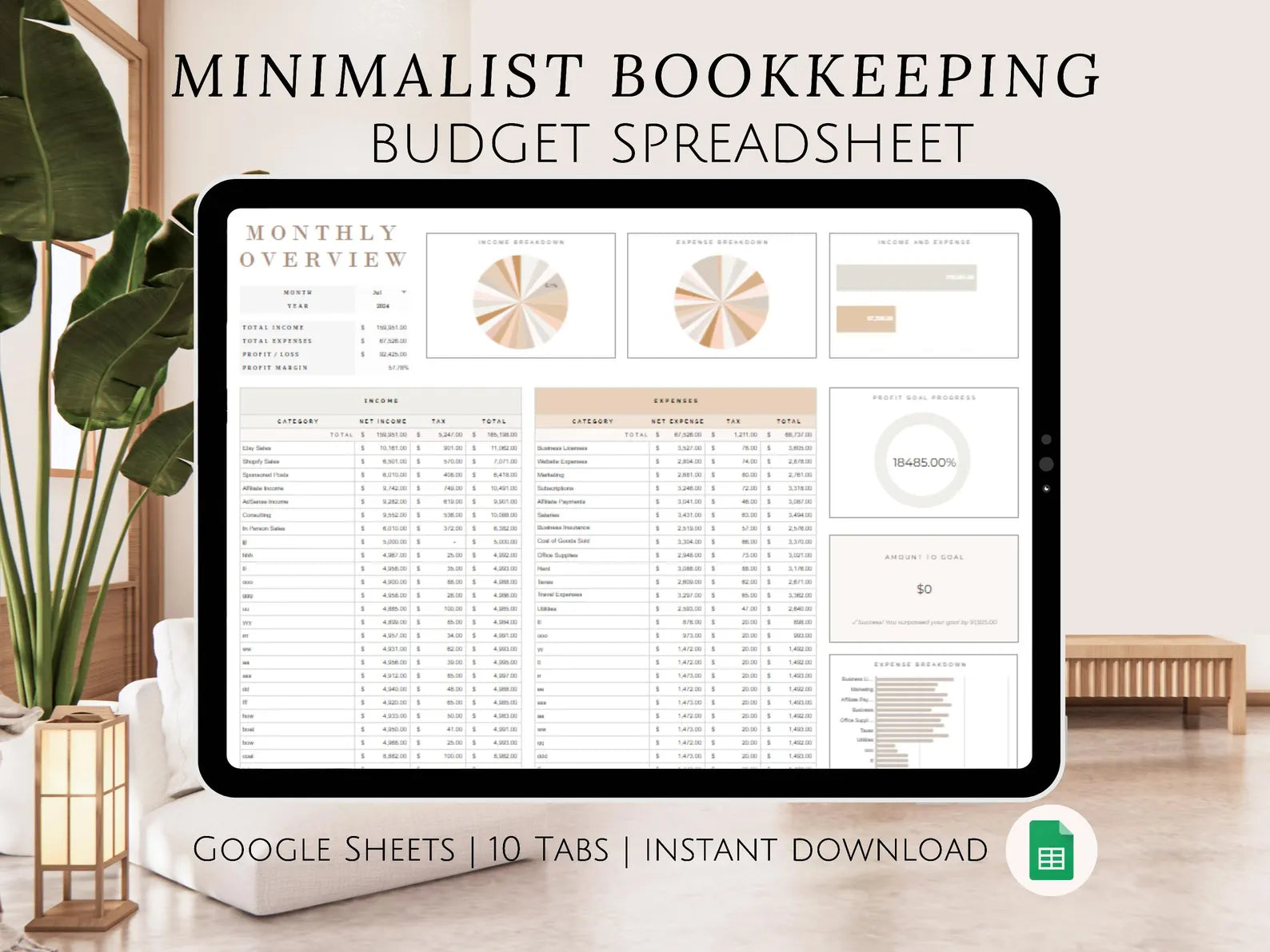 Ultimate Bookkeeping Google Sheets Budget Spreadsheet Monthly and Annual Profit Tracker WFH Personal Finance Small Business for Freelancer