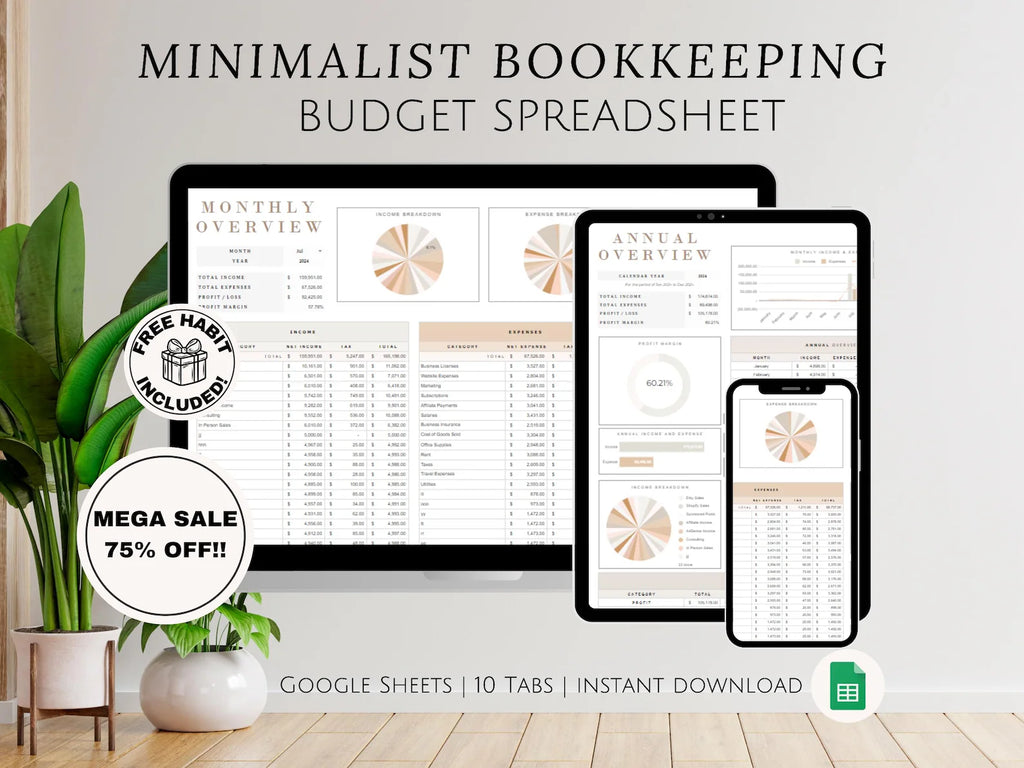 Simple Small Bookkeeping Business Google Sheets Spreadsheet Minimalist Easy to Use for Freelance Owners Template Income Expense Tracker Tool