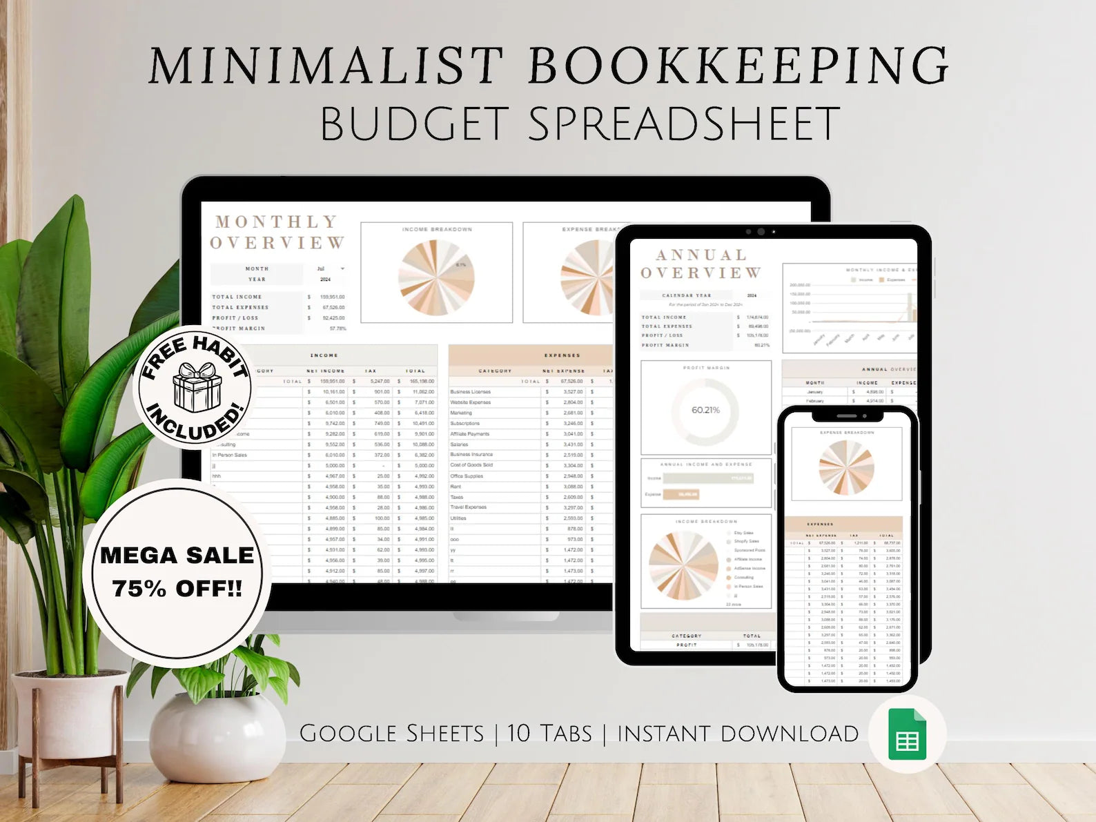 Simple Small Bookkeeping Business Google Sheets Spreadsheet Minimalist Easy to Use for Freelance Owners Template Income Expense Tracker Tool