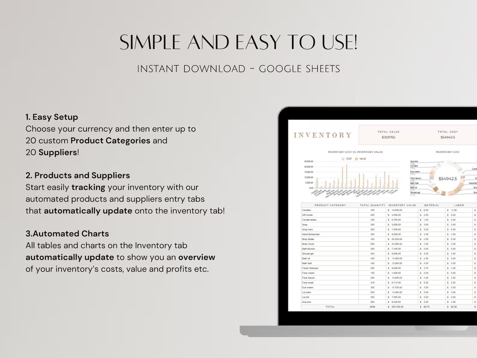 Simple Google Sheets Inventory Management Template Spreadsheet for Product Handmade Boutique Shop Creator Tracking Sales Dropshipping Vendor