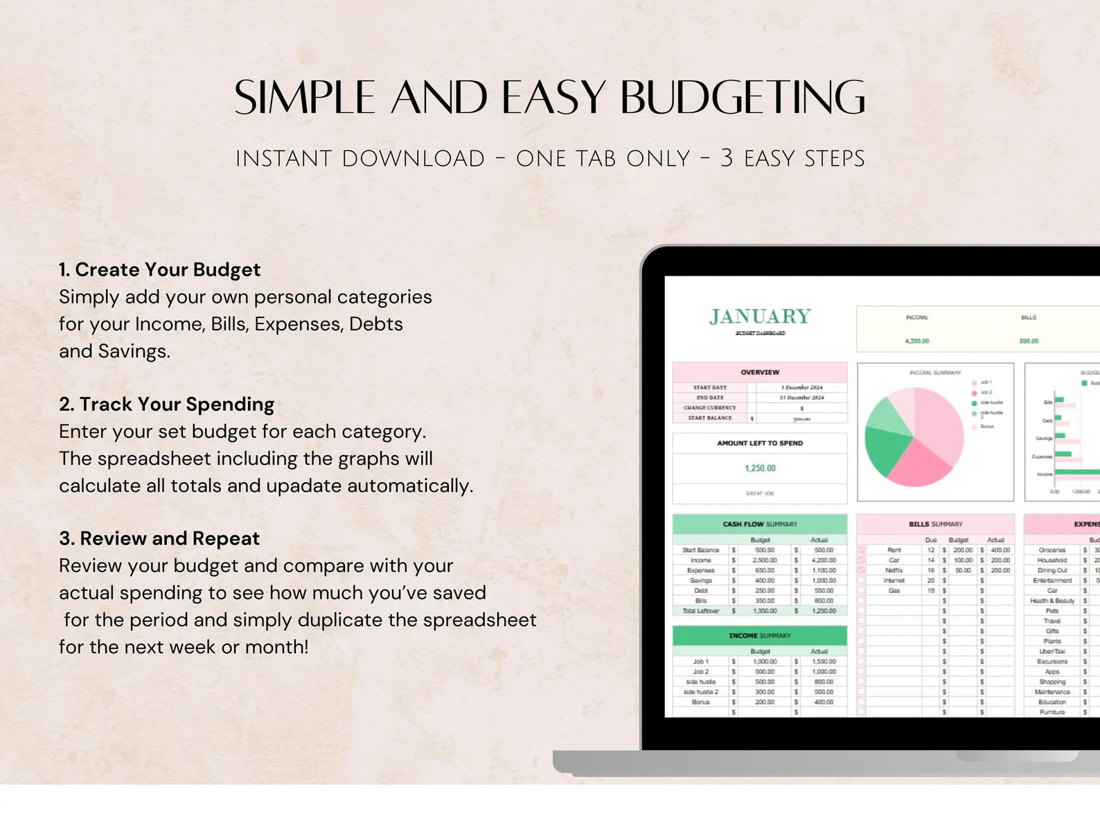 Budget Planner for Google Sheets and Excel for Beginners Monthly Spreadsheet for Weekly work-life balance, Income Expense Budget Tracker