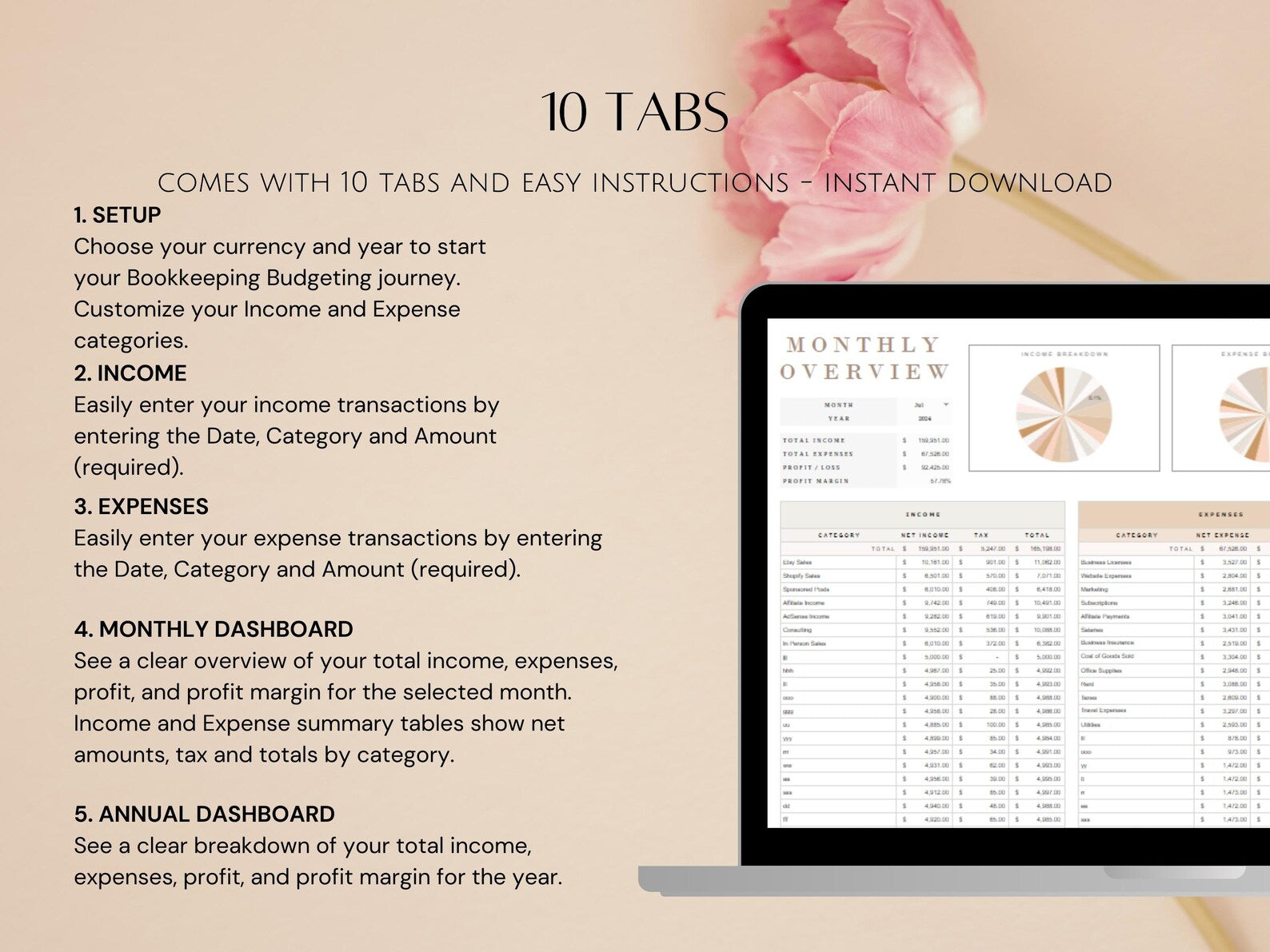 Easy Bookkeeping Google Sheets Budget Spreadsheet Monthly Annual Planner Income Expense Tracker for Entrepreneurs Small Business Owners WFH