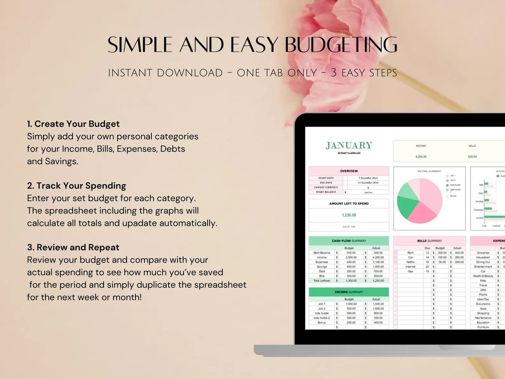 Easy Budgeting Google Sheets and Excel Template, Weekly BiWeekly Budget Summary Personal Finances, Monthly Beginner Income Expense Tracker