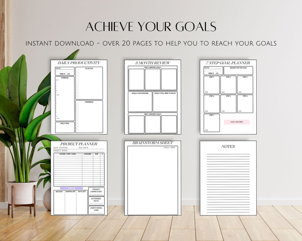 Printable Fillable Goal Planner Bundle, Daily Weekly Monthly Yearly Goals Tracker, Editable Printables PDF, Journal Habit & Vision Board