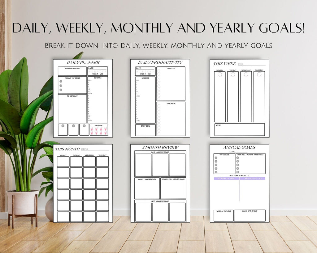 Printable Fillable Goal Planner Bundle, Daily Weekly Monthly Yearly Goals Tracker, Editable Printables PDF, Journal Habit & Vision Board