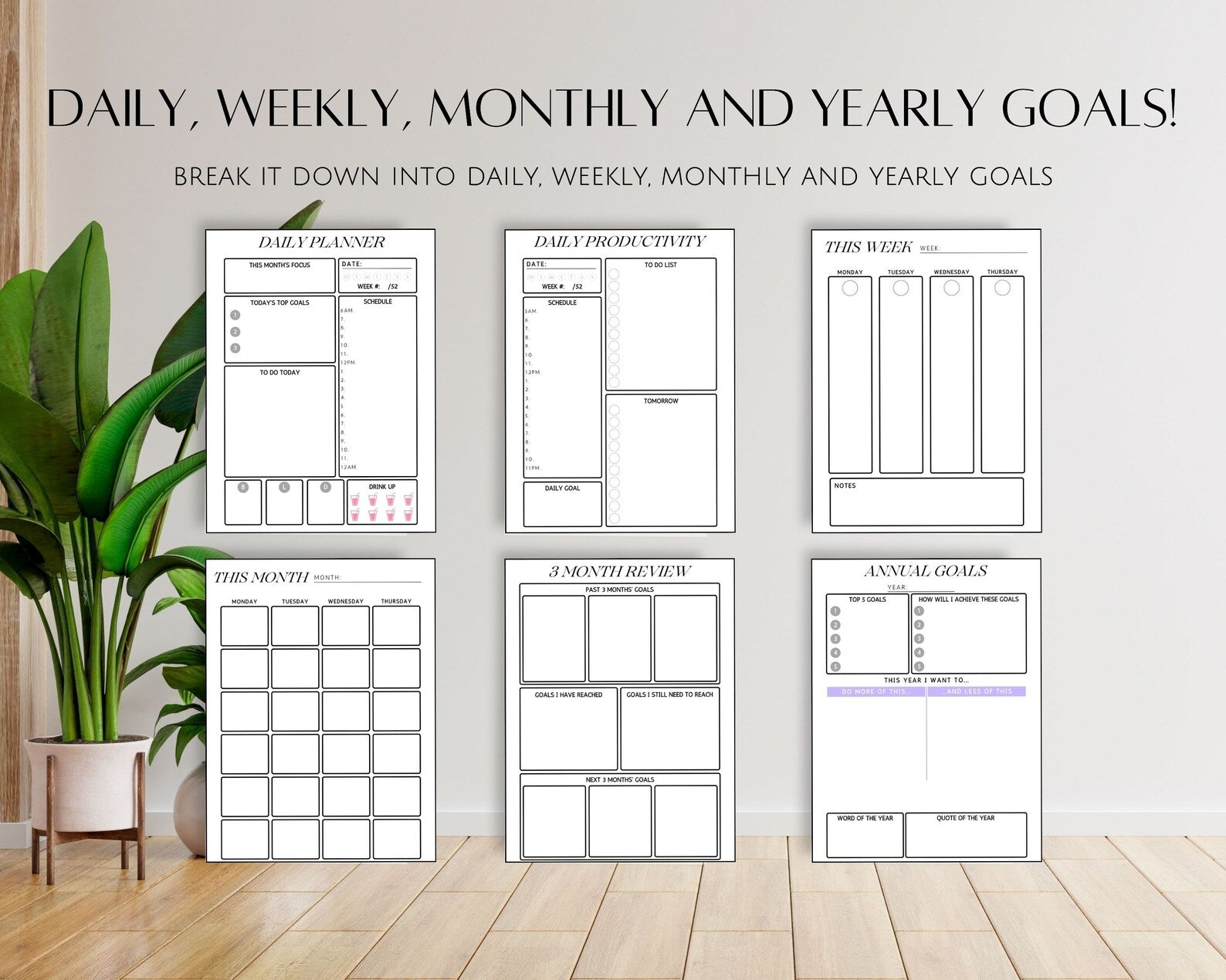 Printable Fillable Goal Planner Bundle, Daily Weekly Monthly Yearly Goals Tracker, Editable Printables PDF, Journal Habit & Vision Board