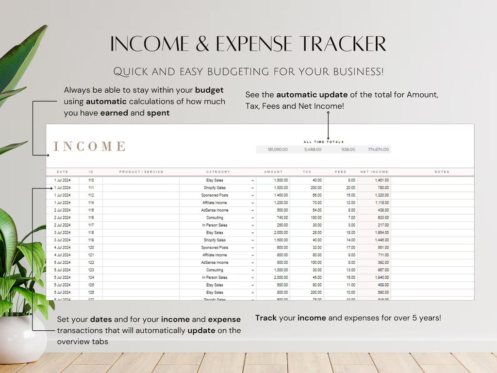 Simple Small Bookkeeping Business Google Sheets Spreadsheet Minimalist Easy to Use for Freelance Owners Template Income Expense Tracker Tool