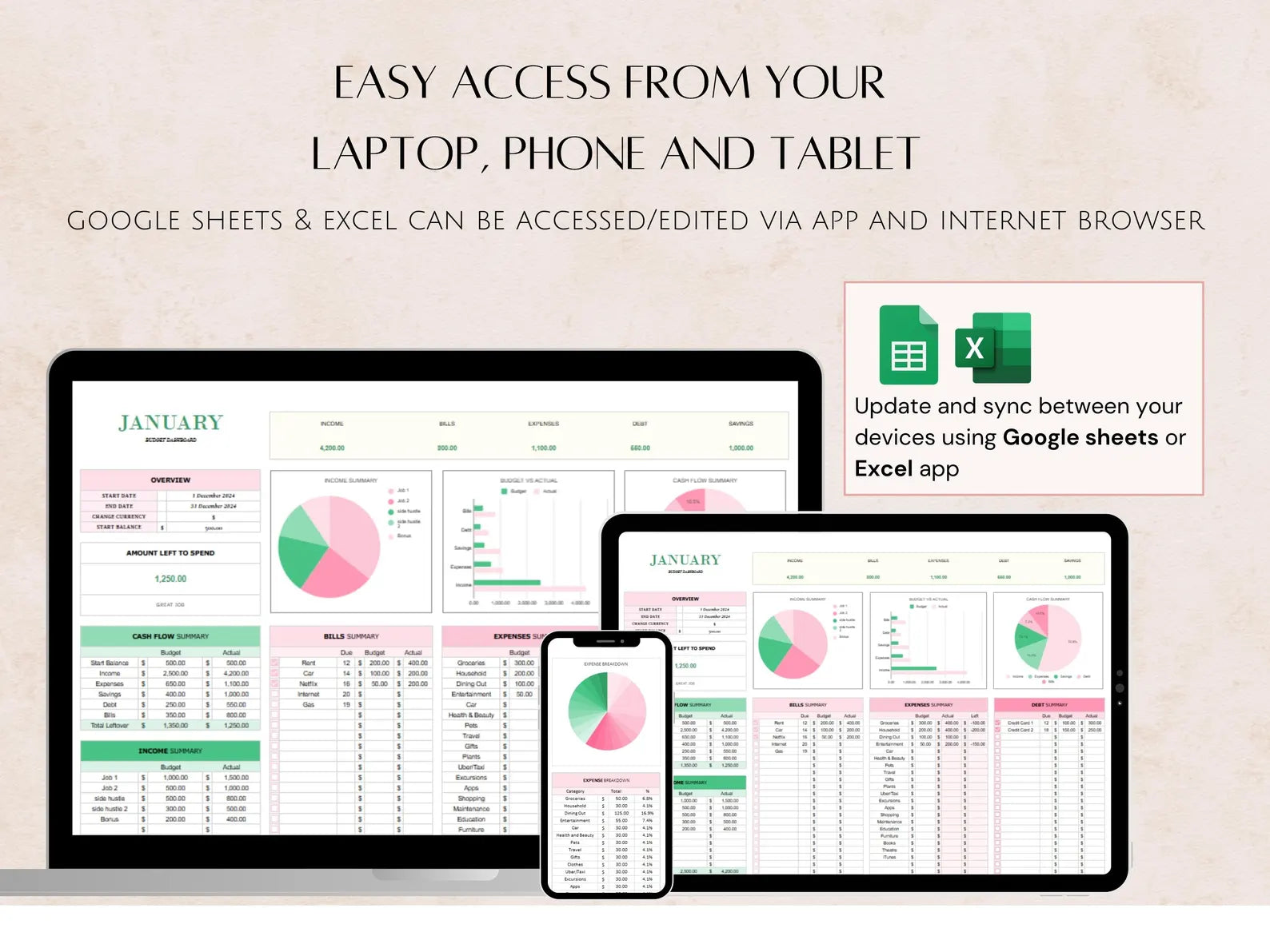 Budget Planner for Google Sheets and Excel for Beginners Monthly Spreadsheet for Weekly work-life balance, Income Expense Budget Tracker