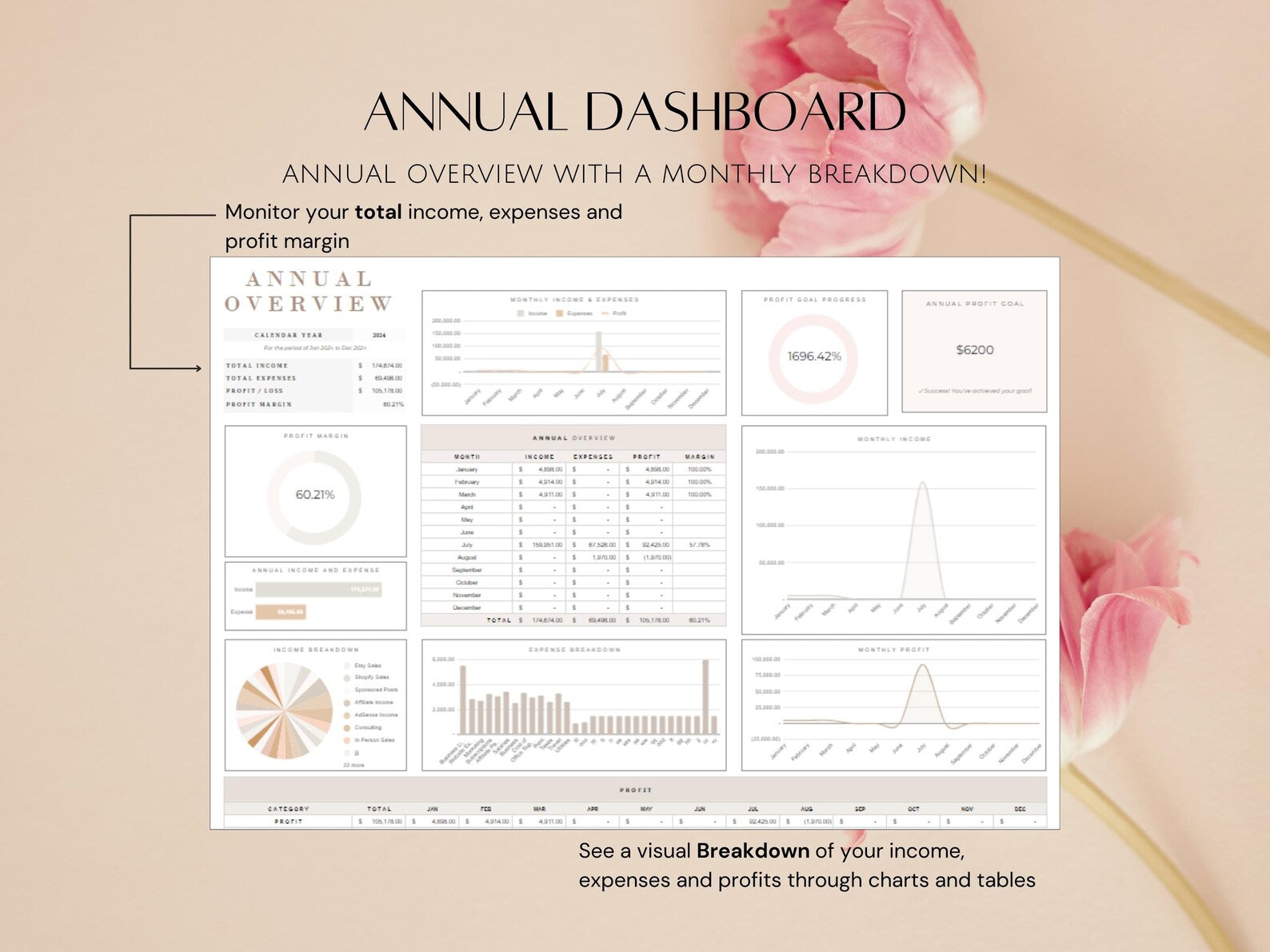 Easy Bookkeeping Google Sheets Budget Spreadsheet Monthly Annual Planner Income Expense Tracker for Entrepreneurs Small Business Owners WFH