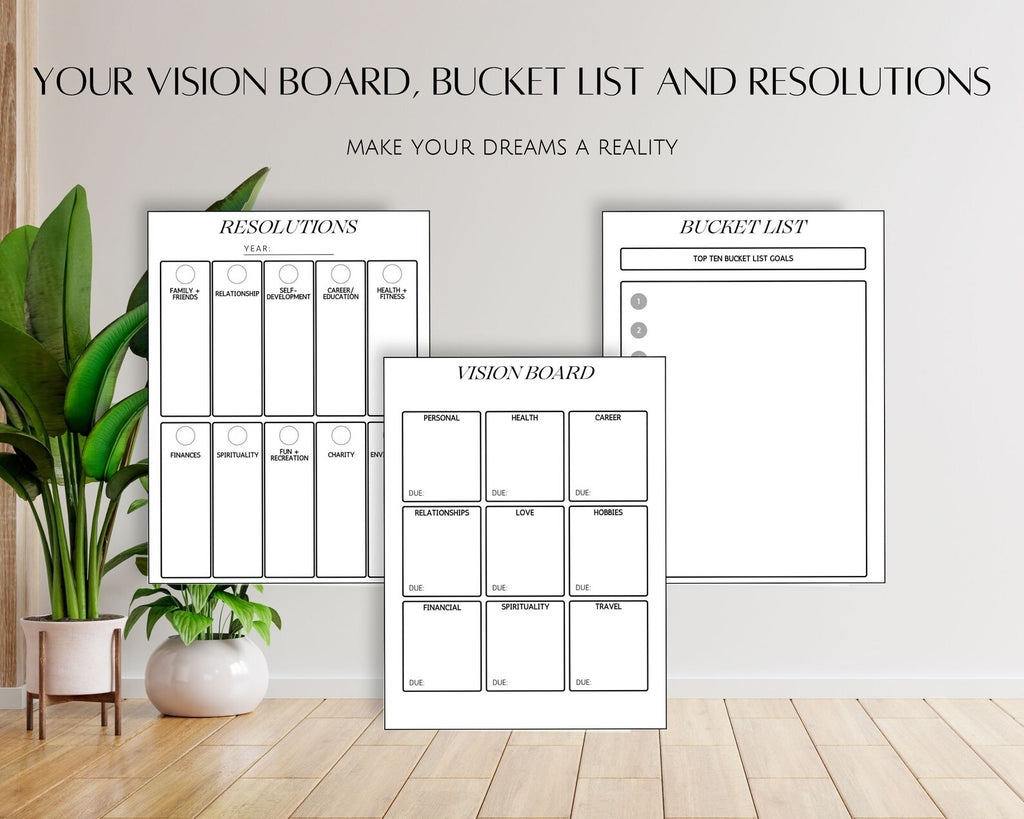 Printable Fillable Goal Planner Bundle, Daily Weekly Monthly Yearly Goals Tracker, Editable Printables PDF, Journal Habit & Vision Board
