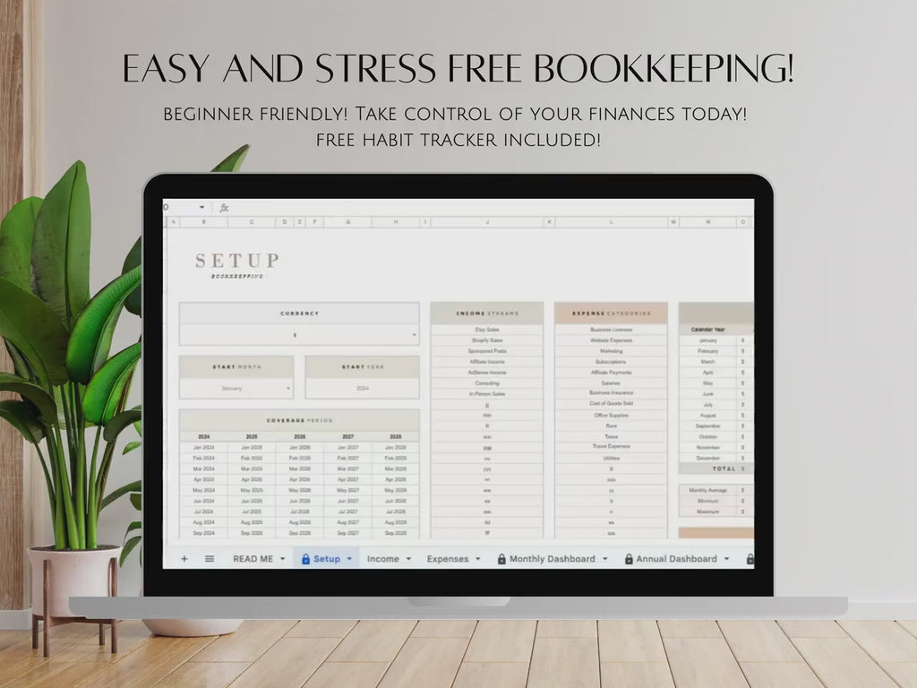 Simple Small Bookkeeping Business Google Sheets Spreadsheet Minimalist Easy to Use for Freelance Owners Template Income Expense Tracker Tool