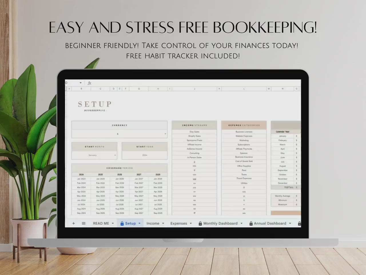 Simple Small Bookkeeping Business Google Sheets Spreadsheet Minimalist Easy to Use for Freelance Owners Template Income Expense Tracker Tool